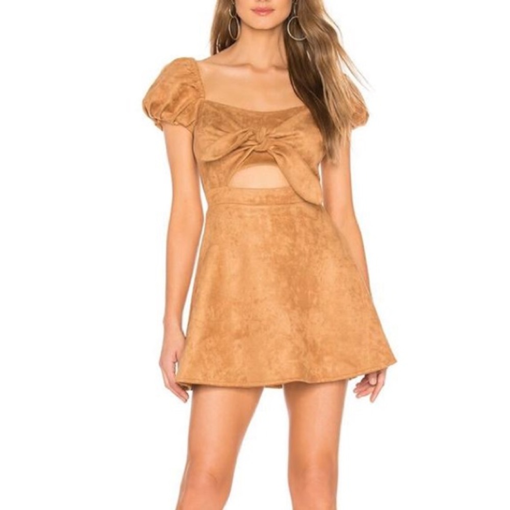 Revolve Majorelle Camel Brown Suede Mini Short Puff Sleeve Dress